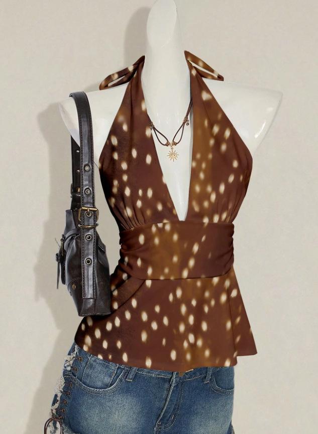 Women Halter Tie Back Backless Short Ruched Fitted Summer Camisole