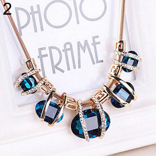 Fashion Women Crystal Pendant Golden Chain Choker Beauty Statement Bib Necklace синий