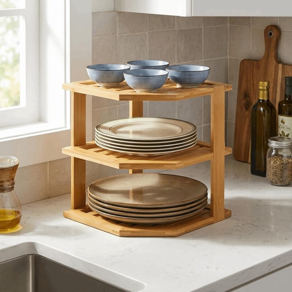 Large Capacity 3 Tier Bamboo Corner Shelf Simple Stable Spice Jars Storage Rack Space Saving Cabinet Organizer