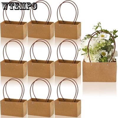 10pcs Kraft Paper Flower Gift Bags Brown Bouquet Bag Box with Handle Brown Paper Carrier Tote Bags for Floral Party Favor Flower Packaging Tote Bag
