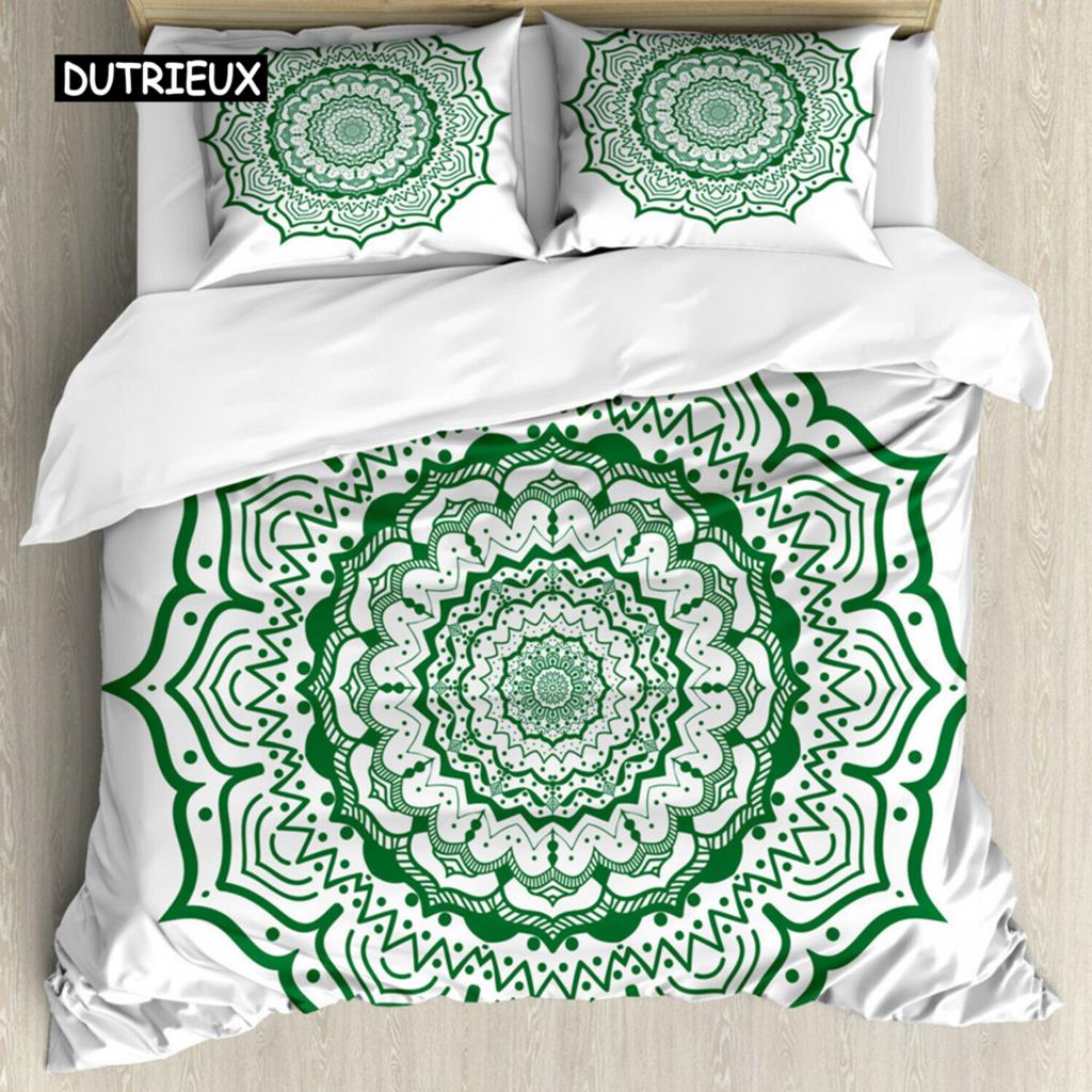 Mandala Bettbezug Set Boho Lotusblume Mikrokosmos Motiv Einzigartiges Retro Grün Thema Doppel Queen King Size Polyester Qulitbezug