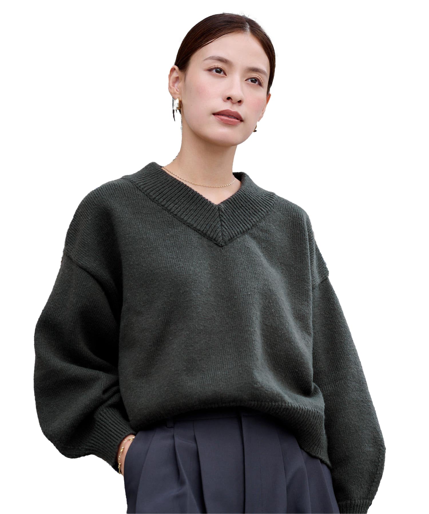 

Yours Raglan Knit Pullover BEXU1726 Medium Sumikuro V-Neck Women s