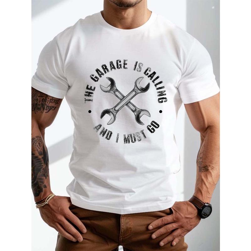 European Sizes Men's Summer T-shirt, THE GARAGE IS CALLING Print Short Sleeve Tees Trend Casual Tops For Daily Life, Big & Tall Guys