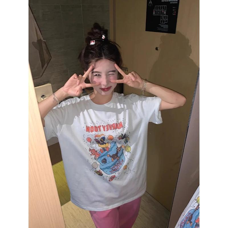 

Футболка с короткими рукавами и принтом торта, женская милая белая свободная футболка с круглым вырезом, повседневные топы, женская мода, Kawaii Y2k, новая летняя одежда S белый