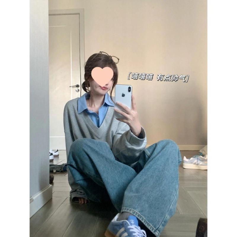 Lazy Contrasting Color Fake Two Pieces Retro Gray Sweater Women's Autumn Loose Design Niche Lo Shirt Top