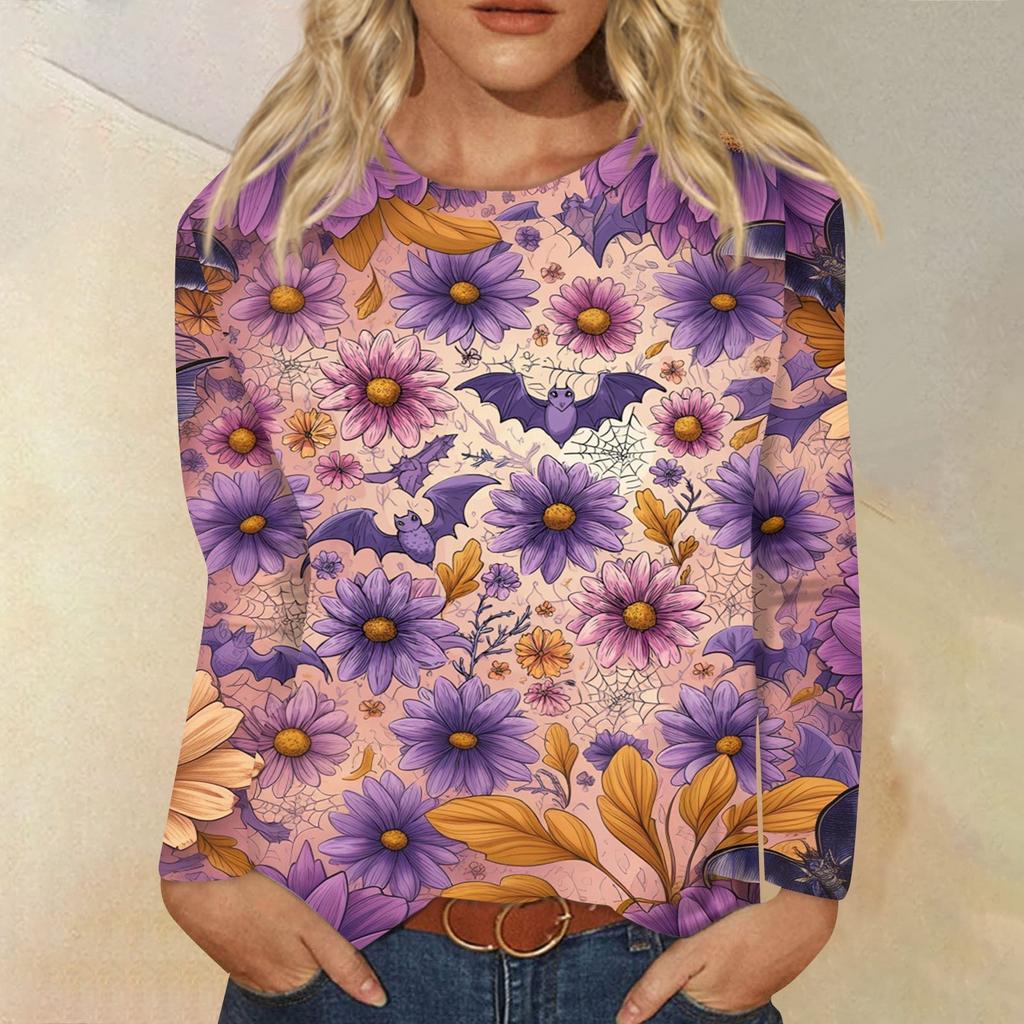 Modisches, lässiges Langarm-Oberteil mit Rundhalsausschnitt und Halloween-Print für Damen