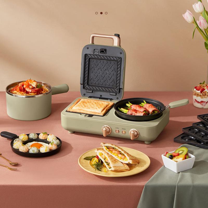 Mașină de gătit electrică multifuncțională de 220V, mașină de vafe antiaderentă, aparat de sandwich-uri pentru micul dejun, cu 5 farfurii și oală de gătit
