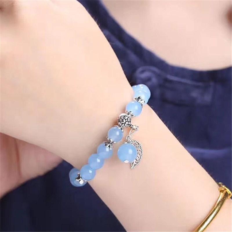 Fresh Blue Chalcedony Bracelet Tibetan Silver Women'S Single Circle Multi-Circle Pink Crystal Trick Peach Blossom Yellow And Blue Bracelet Gift Leaf