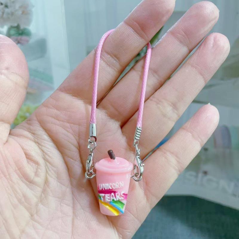 Mini Cartoon Rainbow Milk Tea Cup Pendant with Lanyard