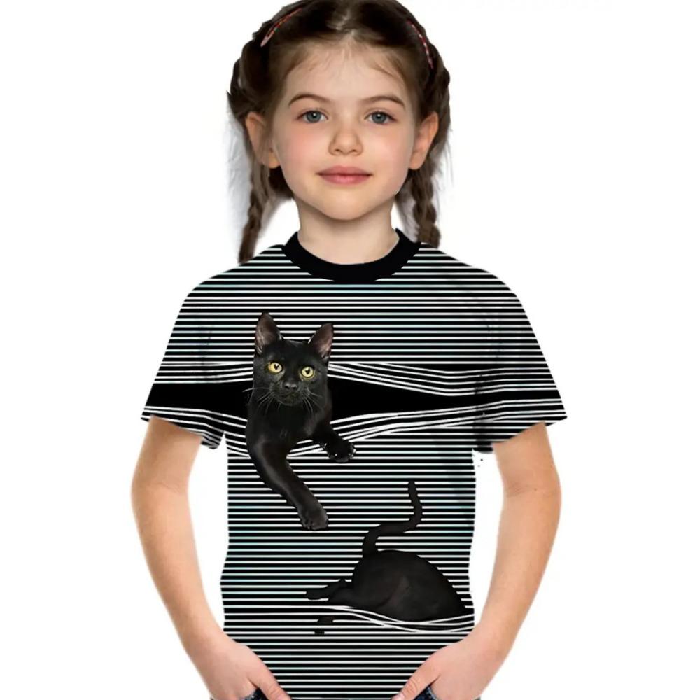 Cool Cat Girl Clothes Fashion Animal Print Summer Short Sleeve Tee Casual Loose Kids Top Outdoor Comfortable Children's Clothing