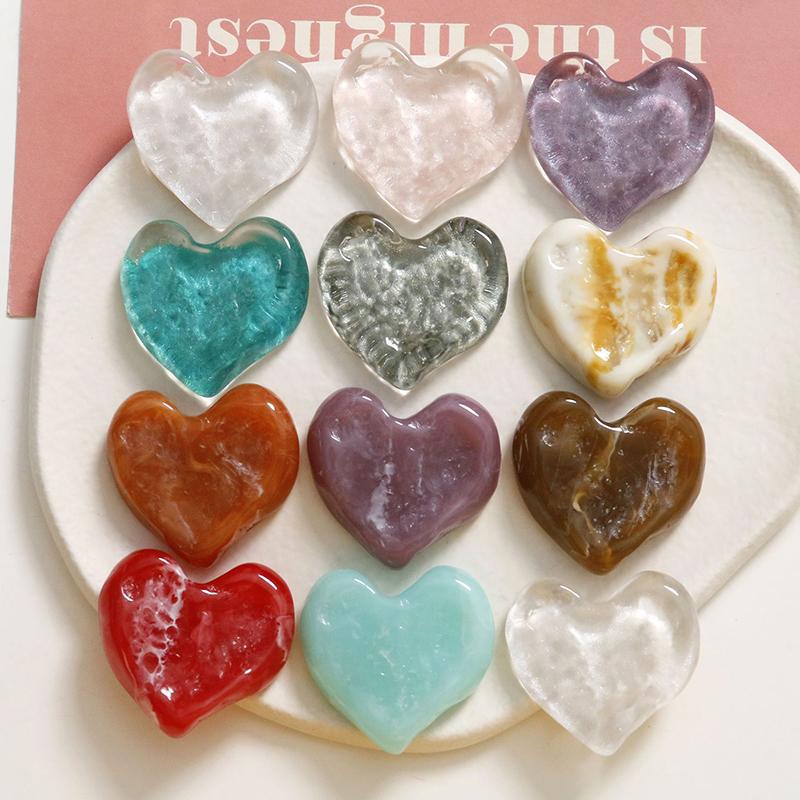 10Pcs Color Pattern Print Geometry Hearts Shape Resin Cabochon Beads Diy Jewelry Garment Hair Accessory