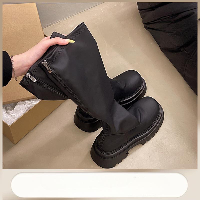 Thick-soled boots women's 2025 autumn new tall stacking boots increase height small thin boots Spice girl knight boots