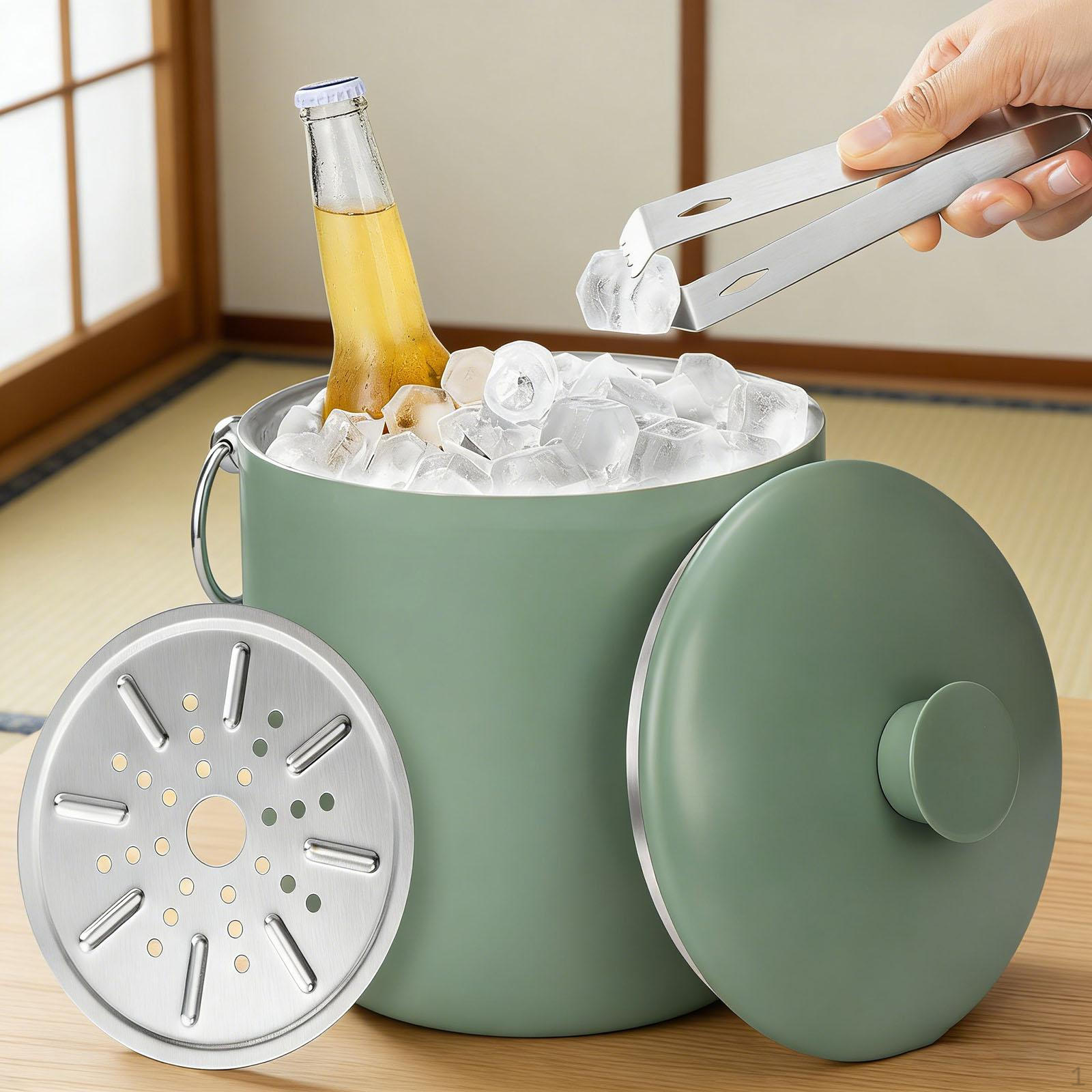 

Stainless Steel Ice Bucket Cube Container for Parties Metal with Lid and Tongs Double Walled