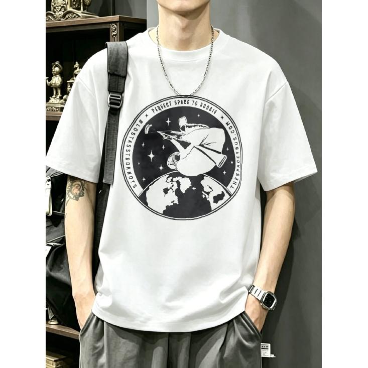Crewneck T Shirt White Space Astronaut Playing Golf on Earth Graphic Print Perfect Space to Rookie Text Casual Streetwear Outfit for Men S белый