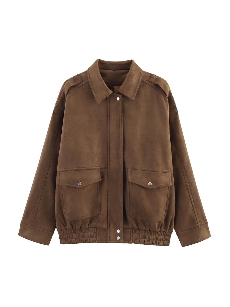 Damen 2025 Frühling/Herbst Wildleder-Bomberjacke - Lässig, lockere Passform, Oberbekleidung im euroamerikanischen Stil