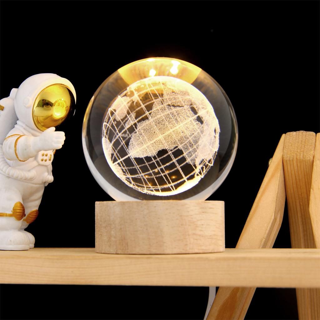 3D Crystal Ball with Warm Light Wooden Base Small Night Light Desktop Decoration Ornaments Holiday