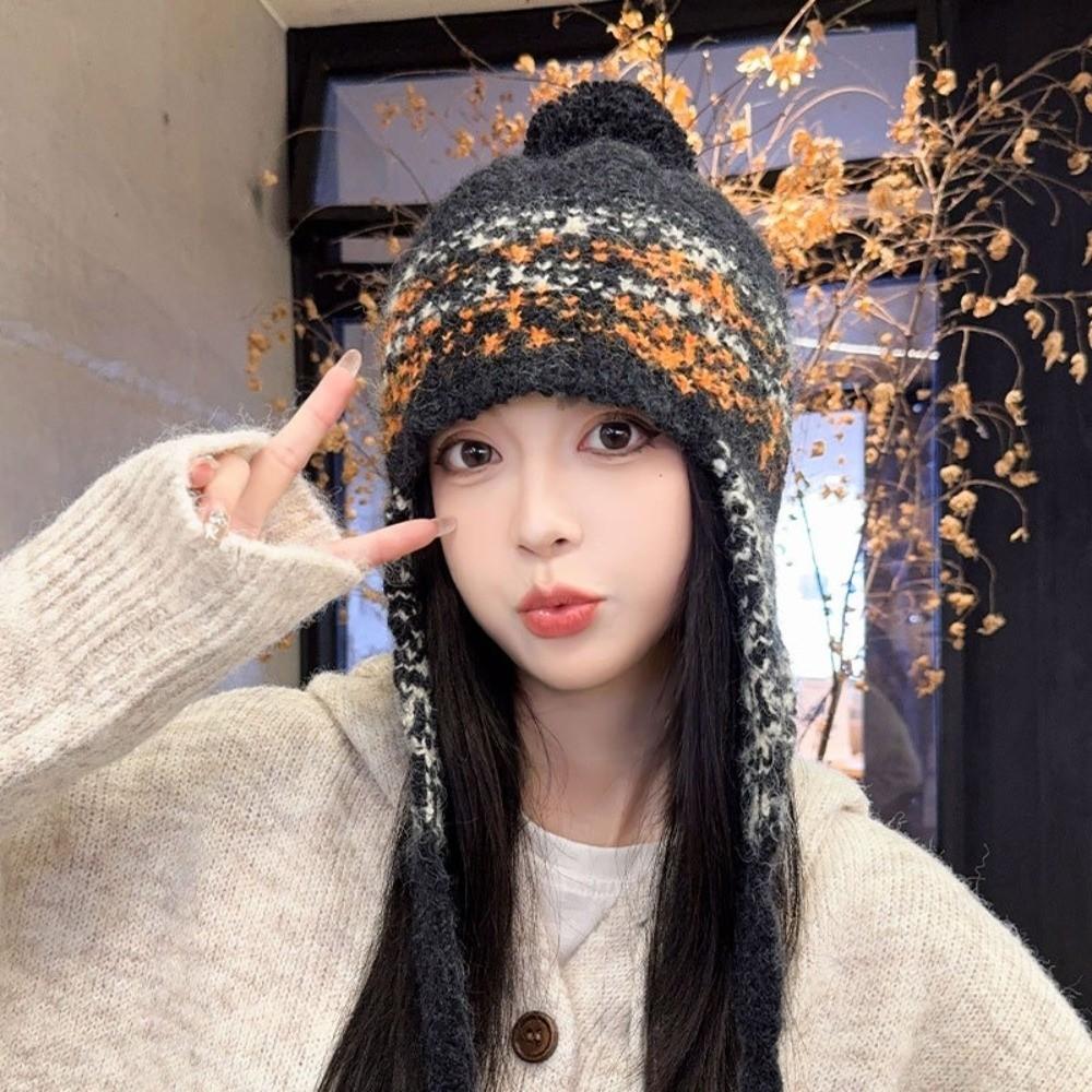 Jacquard Ear Protection Cap Y2k Women Wool Cap Cute Knitted Beanies Caps  Girls