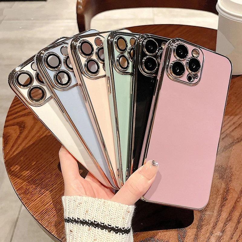 Luxury Solid Color Silicone Soft Case For iPhone 17 Air 16 15 Plus 14 12 13 Pro Max Plus Plating Glossy Shockproof Protect Cover
