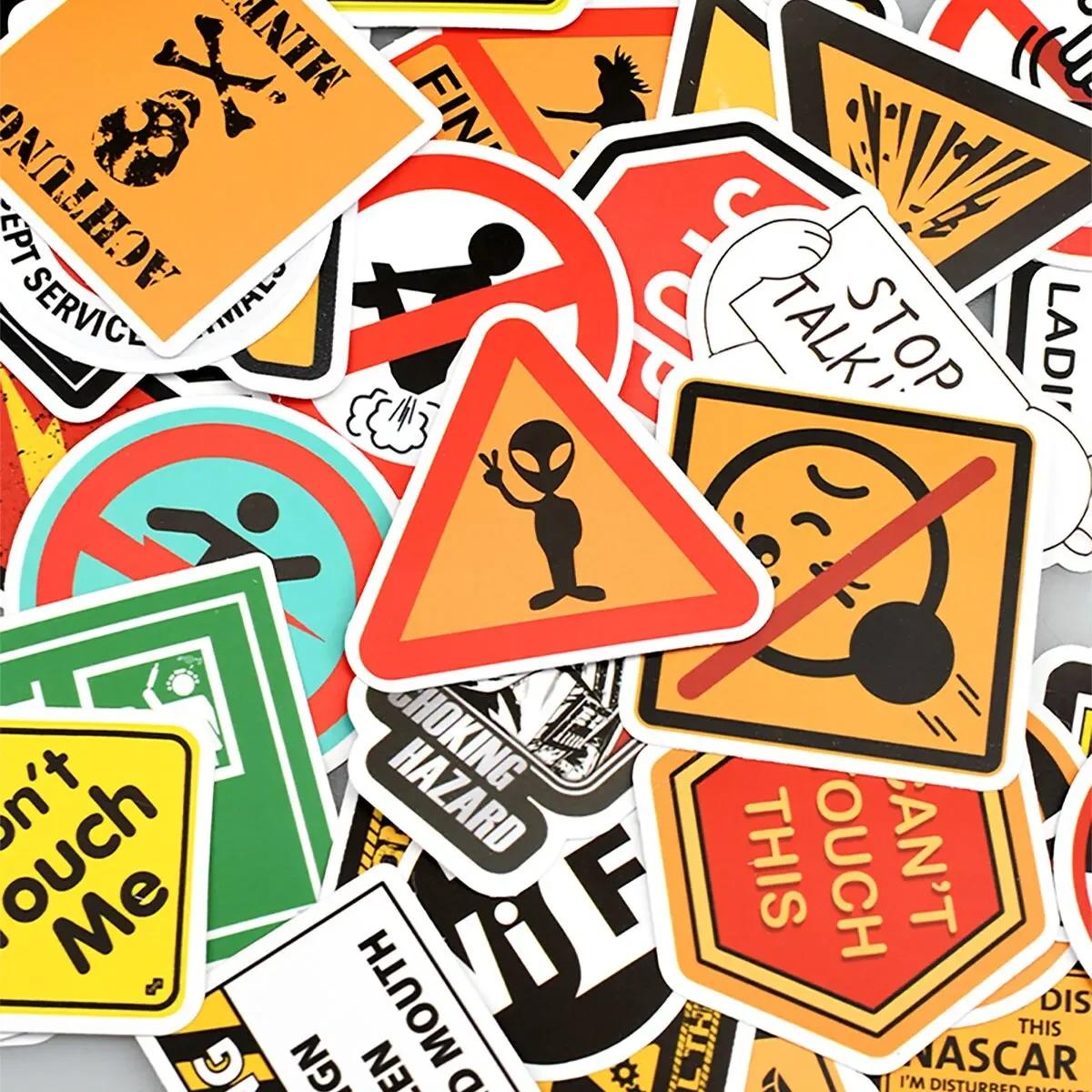 

50PCS Cartoon Warning Stickers – Danger/Ban Decals for Skateboards, Guitars, Laptops, Motorcycles, Cars & Toys
