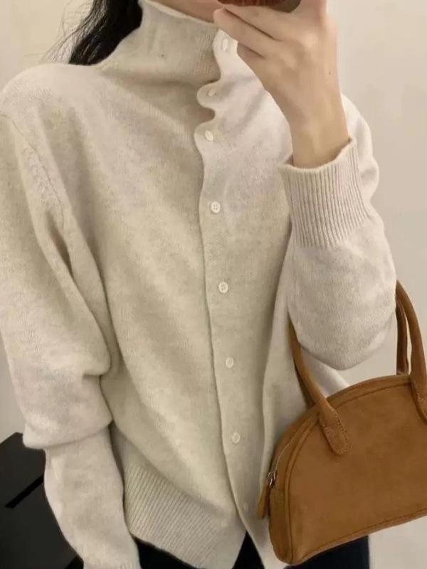 Korean Style High Neck Cashmere Cardigan - Women's Warm, Stylish Solid Color Wool Sweater for Autumn/Winter.