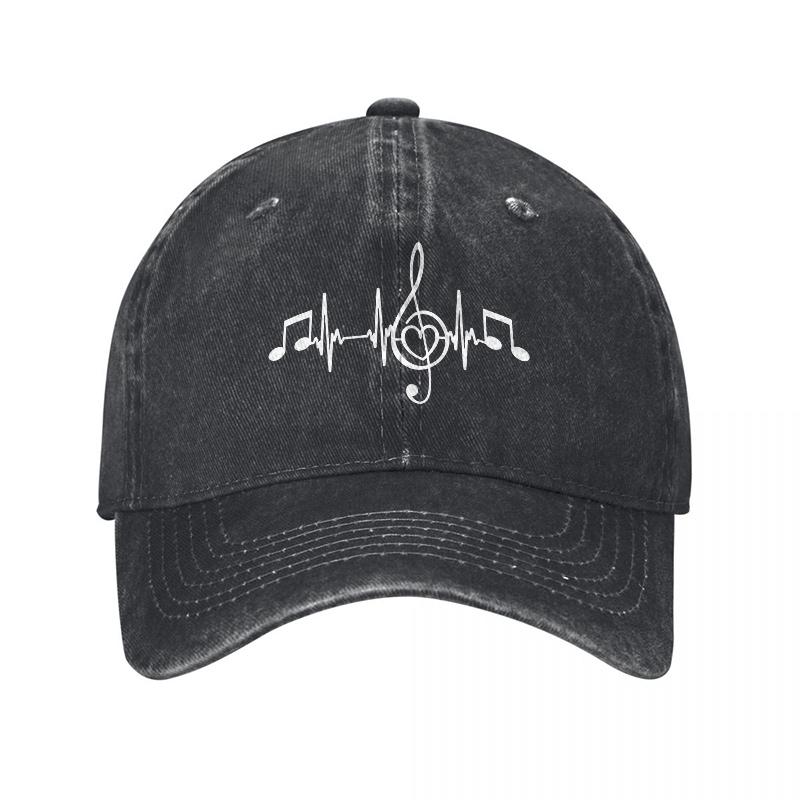 Music Heartbeat Pattern Washed Canvas Baseball Cap Vintage Soft Unstructured Dad Hat For Women Men Daily Commuting