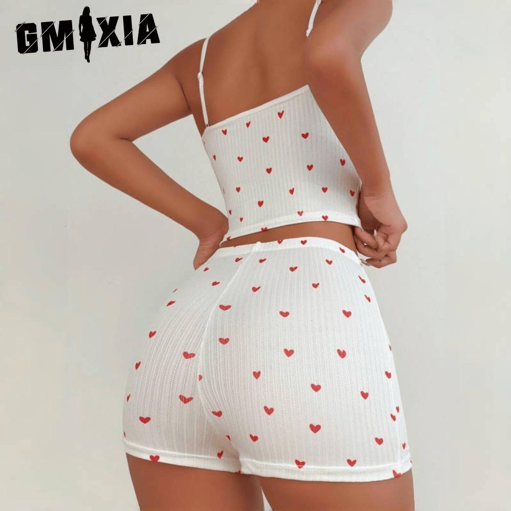 GMXIA Summer Homewear Heart-shaped Printing Bow Halter Home Leisure Suit Pajamas