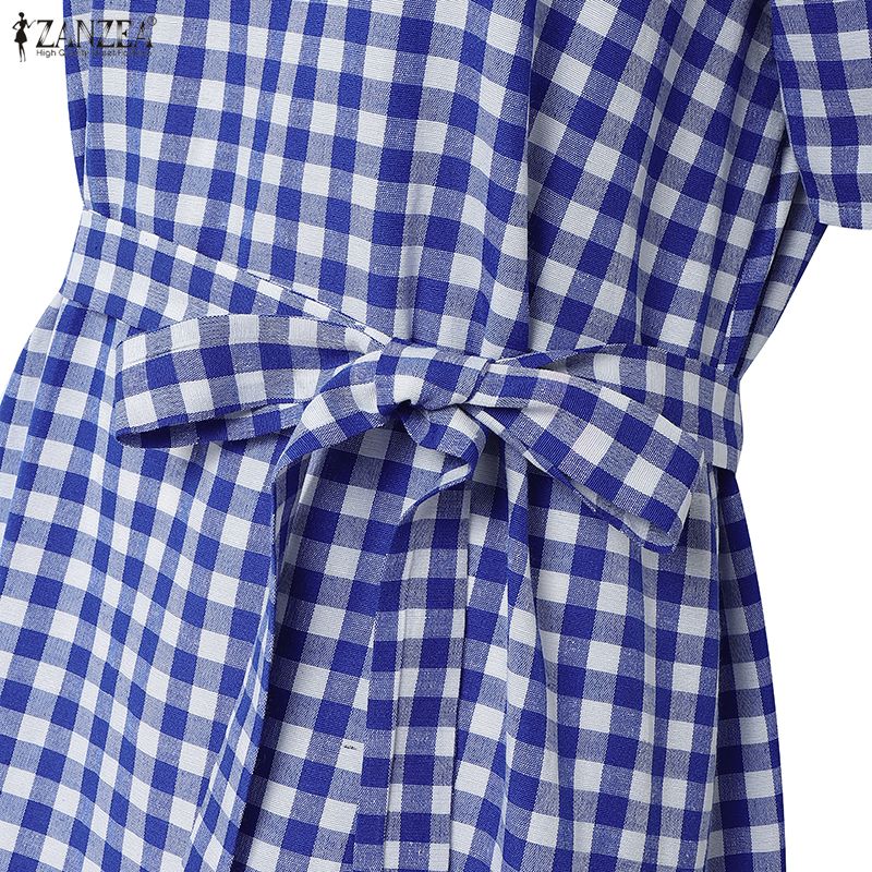 ZANZEA Damen Lässiges Rundhals-Kurzarmkleid mit Karomuster