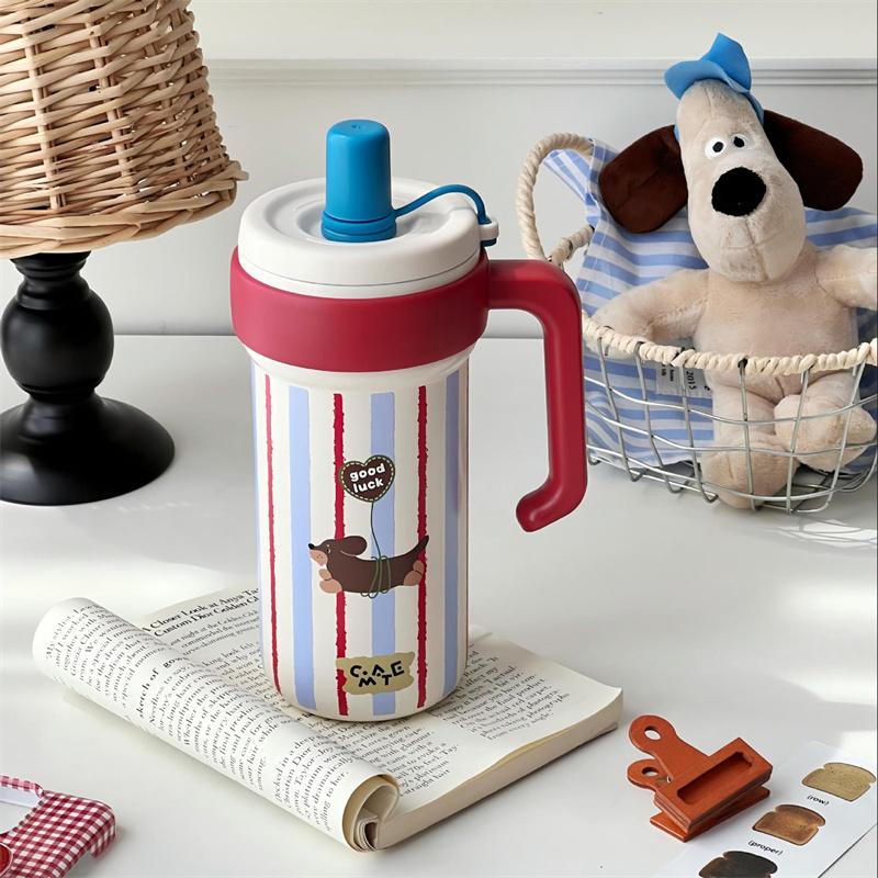 Large Capacity Cute Insulated Mug, 1000Ml Tumbler With Handle And Straw Lid, Stainless Steel Sports Water Bottle