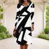 Women Plus Size Round Neck Long Sleeve Black Printed A Line Dress