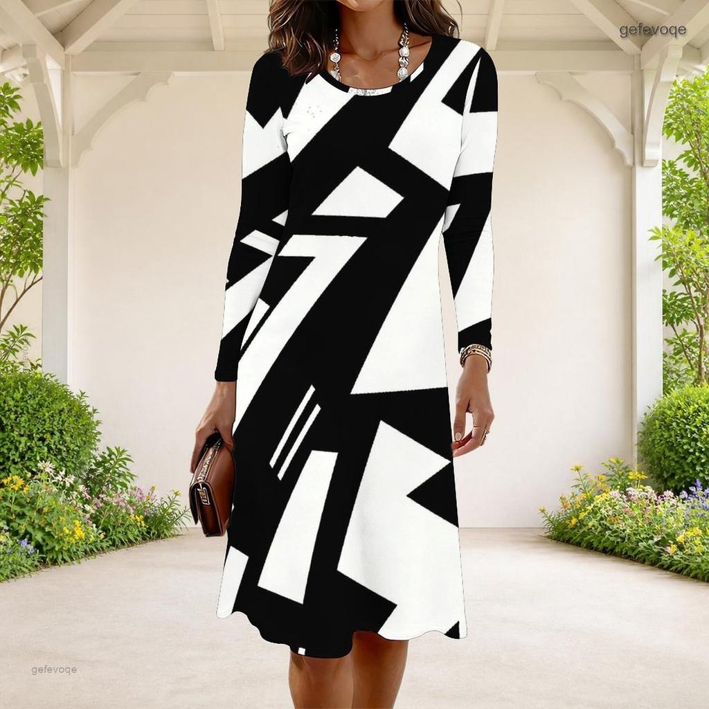 Women Plus Size Round Neck Long Sleeve Black Printed A Line Dress