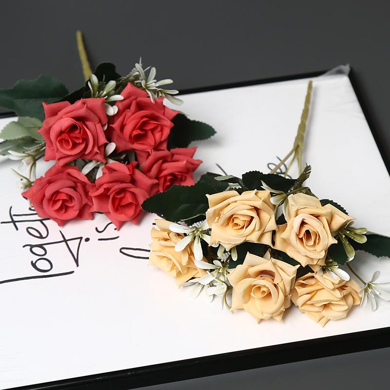 5-Head Artificial Silk Rose Arrangement for Home Decoration