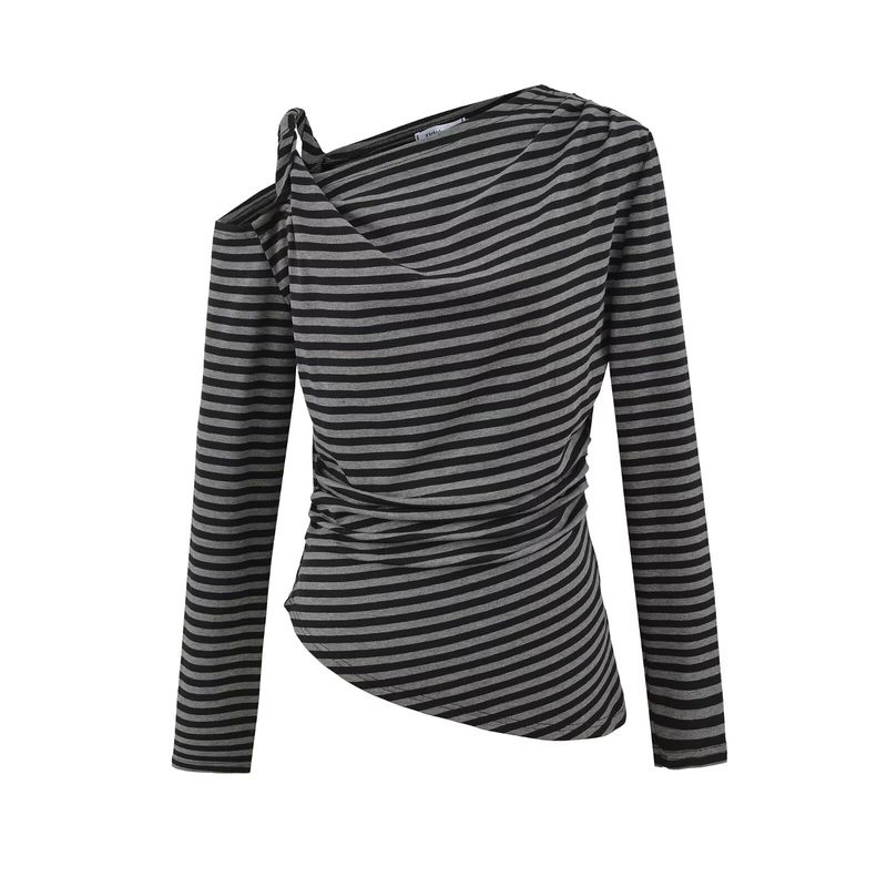 

Новинки Женская одежда Zr Европейский и американский стиль Модная футболка с открытыми плечами и длинным рукавом с асимметричным вырезом Облегающий топ Stripes L