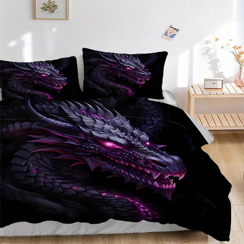 3pcs Fiery Purple Dragon Printed Quilt Set - Includes 1 Quilt Cover and 2 Pillowcases, Machine Washable - Suitable for All Seasons.H035