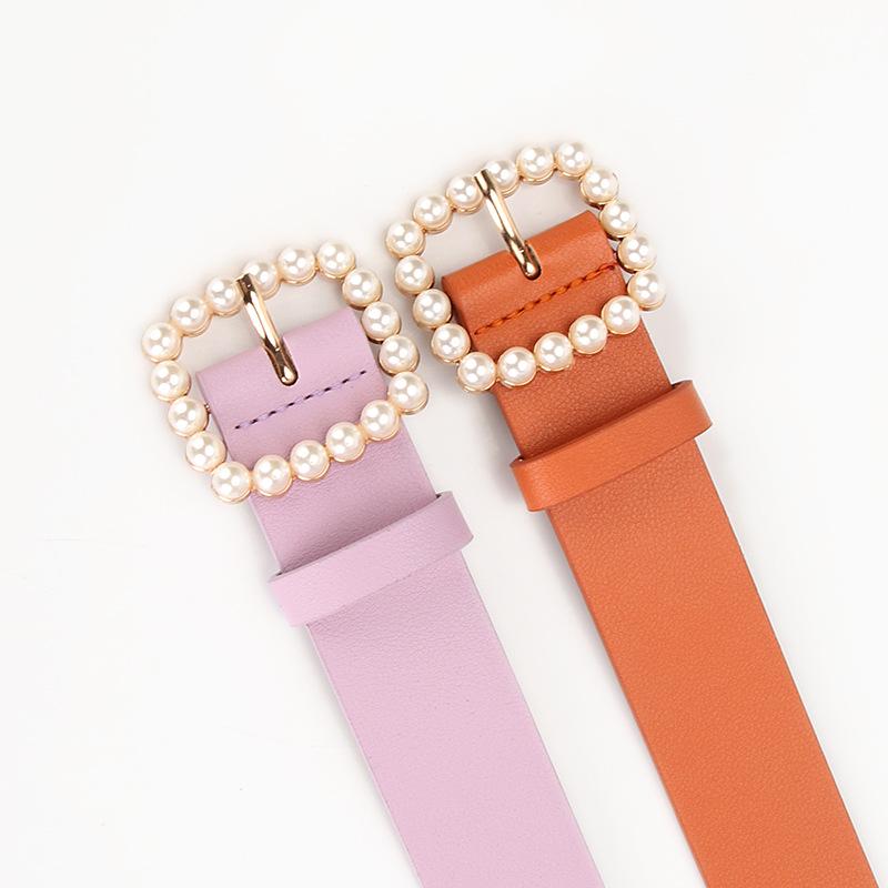 Cinturón de Vestido Elegante de Perlas y PU para Mujer con Hebilla Cuadrada