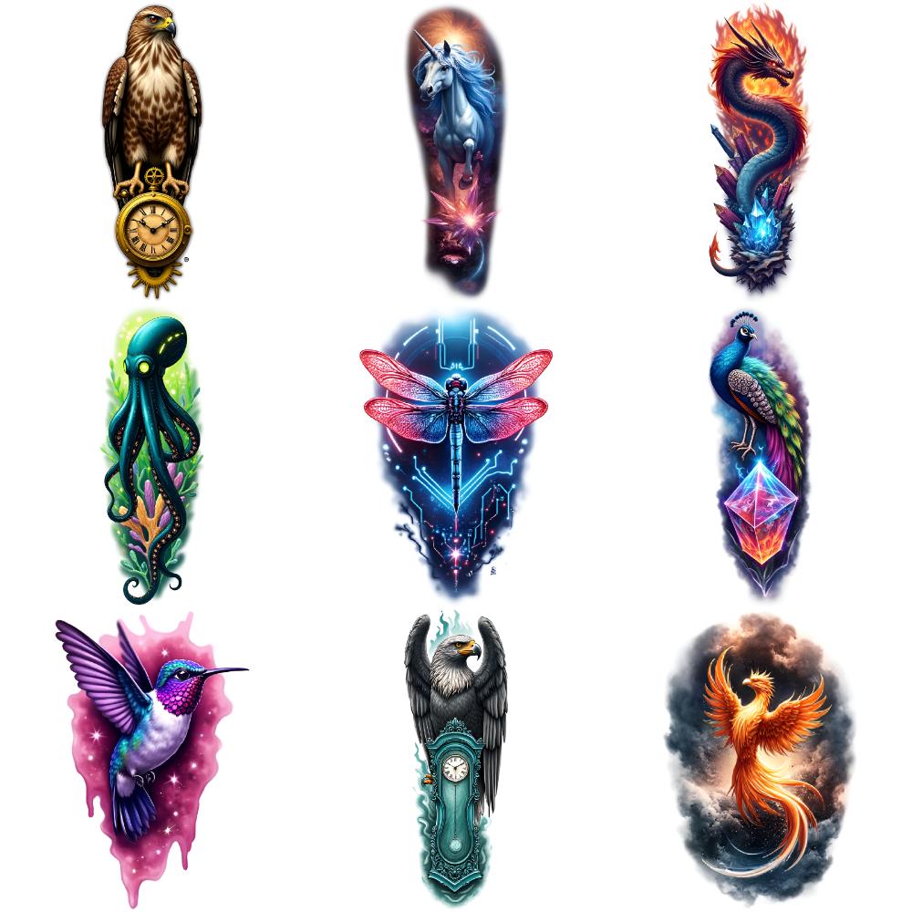 9pcs Temporary Tattoo Octopus Tattoo Colorful Realism Peacock Tattoo Eagle Tattoo Waterproof Long-lasting Body Stickers For