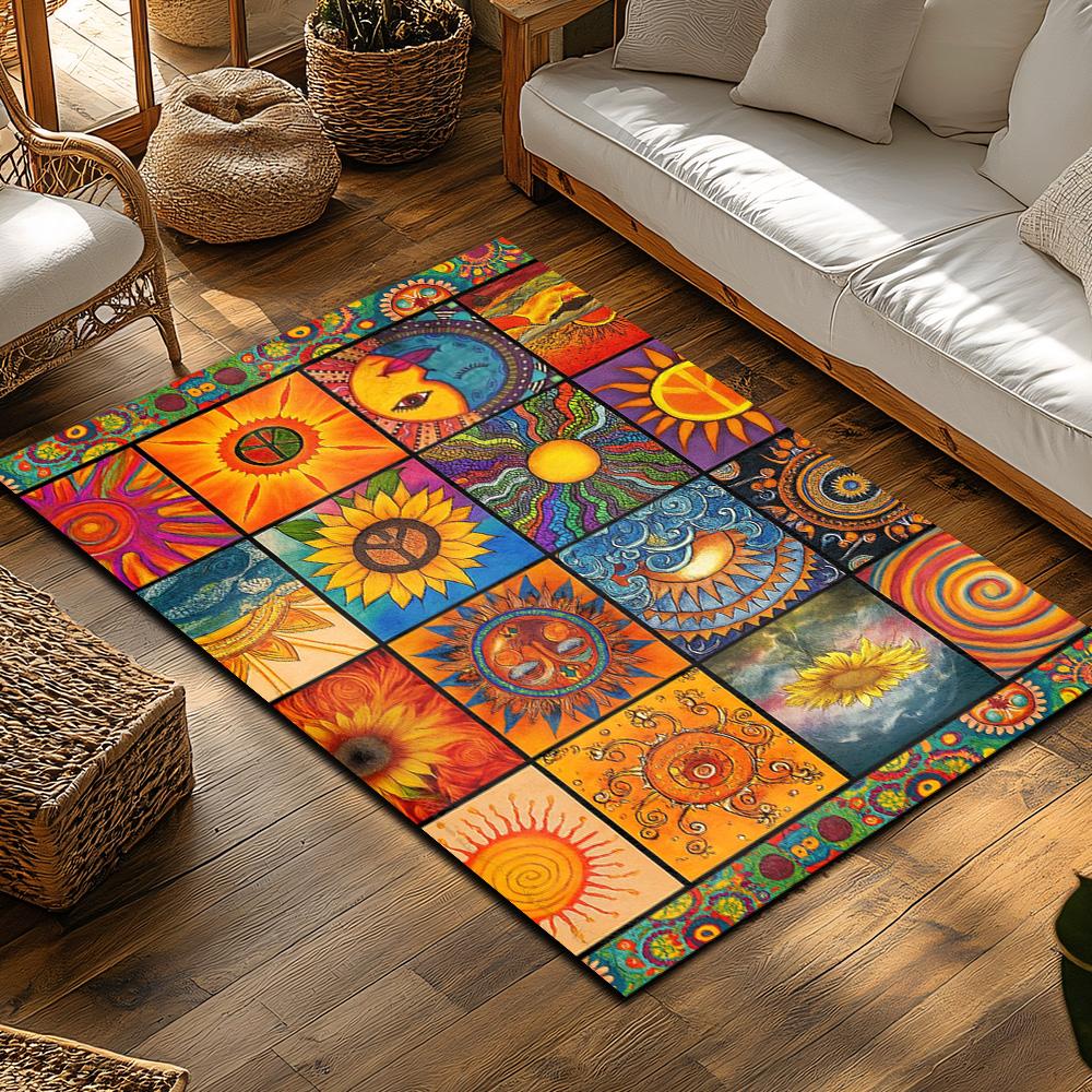 Bohemian Patchwork Teppich, Mehrfarbiger Sonnenblumen Spiral Design Teppich, Weiche Rutschfeste Sofamatte für Gemütliche Wohnzimmer Deko