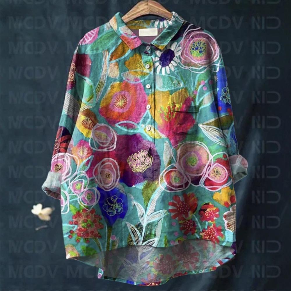 Stampa Floreale Vintage Deliziosa Camicia Casual in Lino