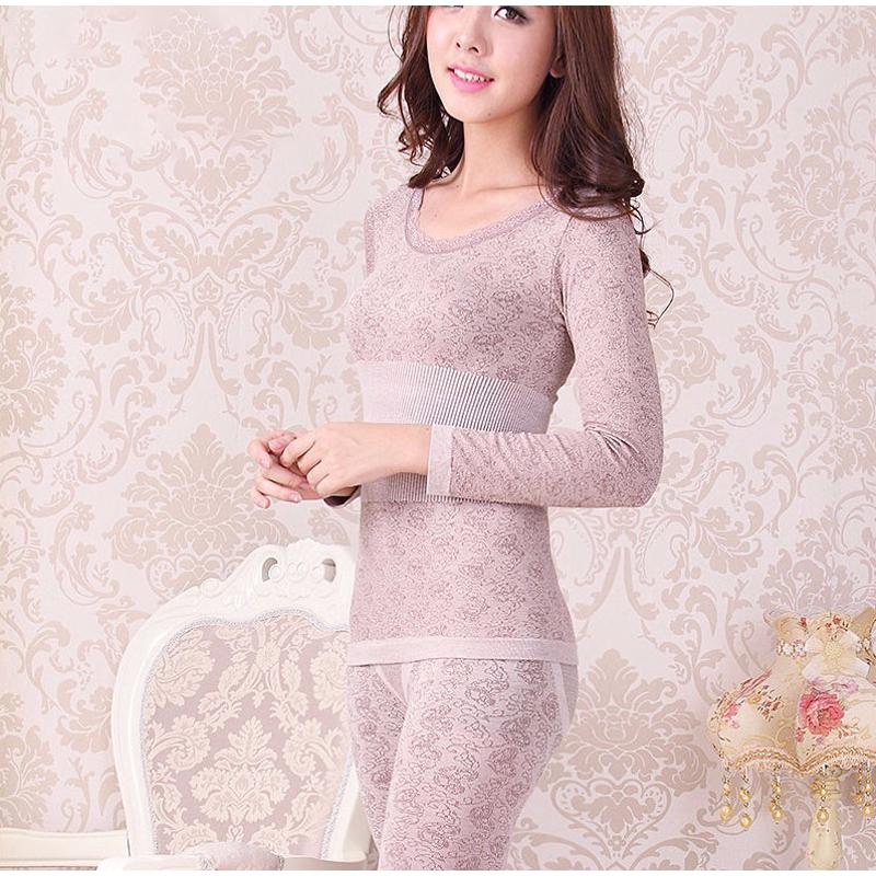 Sexy Women Underwear Thermal Sets High Neck Long Sleeve Top and Elastic Waist Bottom Comfortable Suit