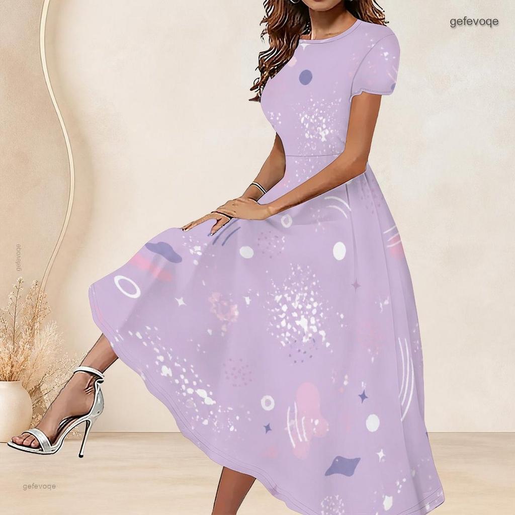 Women Plus Size Round Neck Short Sleeve Dark Purple Halloween Printed A Line Long Dress