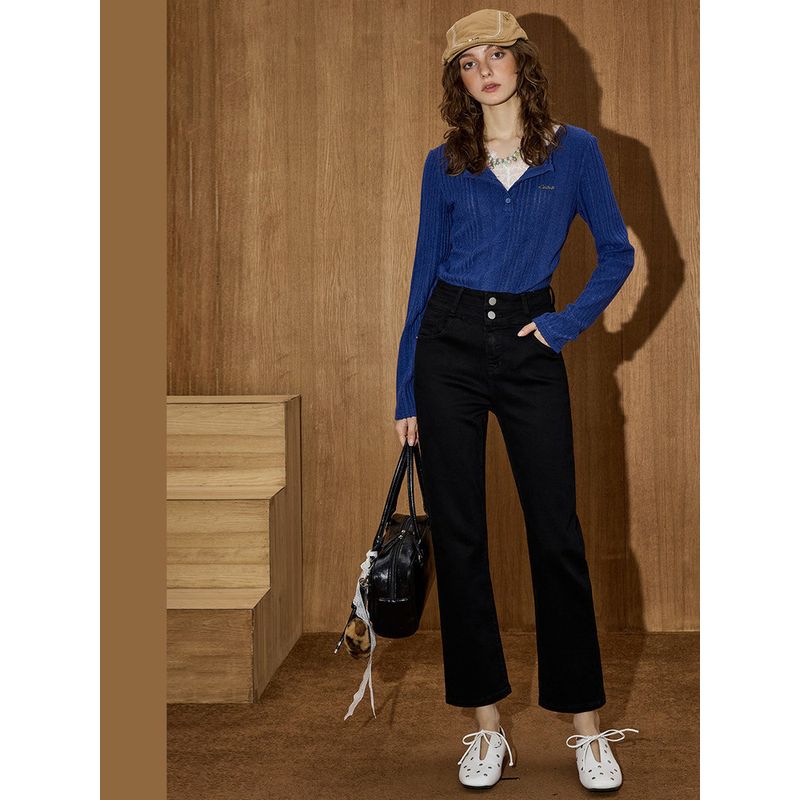 Coolhut2025 Autumn and Winter New Season Fashionable and Versatile Black High-Waisted Slim Cigarette Pants Women's Straight-Leg Jeans