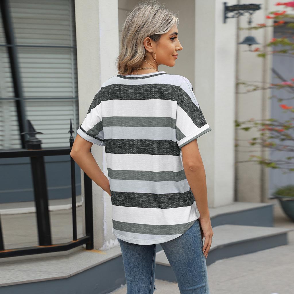 2025 Spring Summer Women's V Neck Batwing Sleeve Pocket T-Shirt, Printed Striped Casual Blouse Top