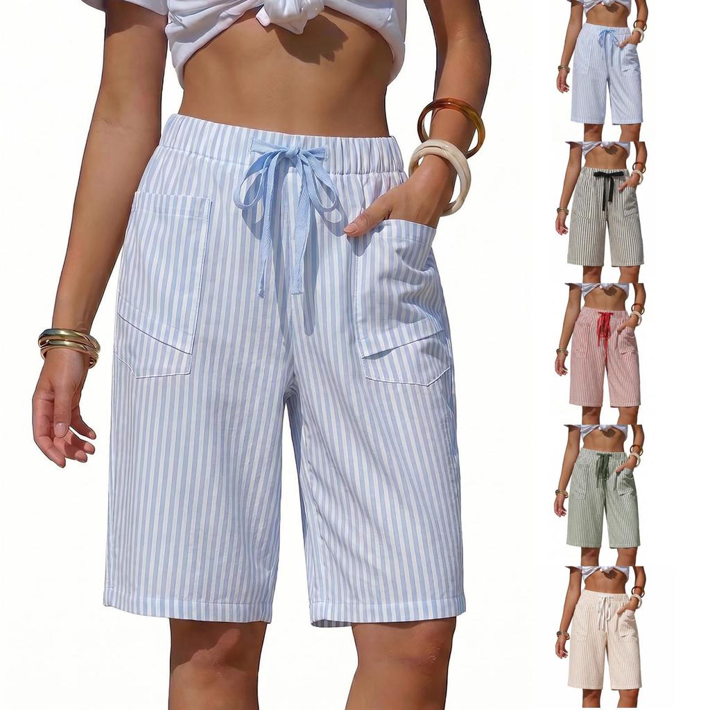 Women's Casual Summer Vacation Striped Shorts Elastic Waistband with Drawstring Pockets Loose Fit Comfortable Beachwear