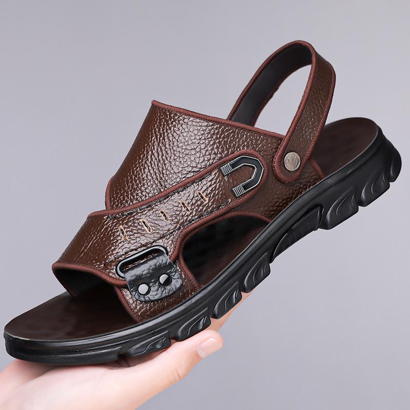 

2025 summer new beach shoes men s first layer cowhide soft leather casual dad shoes daily versatile thick-soled cool slippers 45