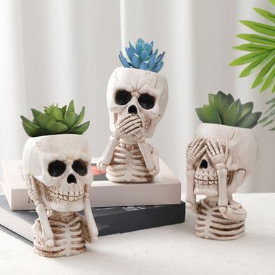 Vaso de plantador de caveira de Halloween, estatueta de esqueleto de resina, vaso de flores para suculentas internas e externas, recipiente para plantas, varanda, decoração de jardim