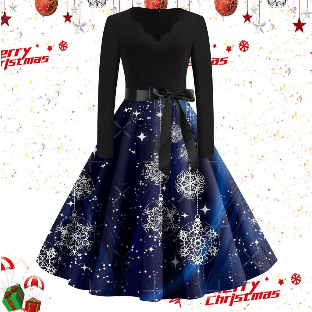 Kvinners avslappet mote langermet juleprintet vintage lange kjoler