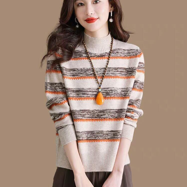 Half Turtleneck Striped Sweater for Women In Autumn and Winter Base Blouse Updated Style Stylishable Knitted Sweater
