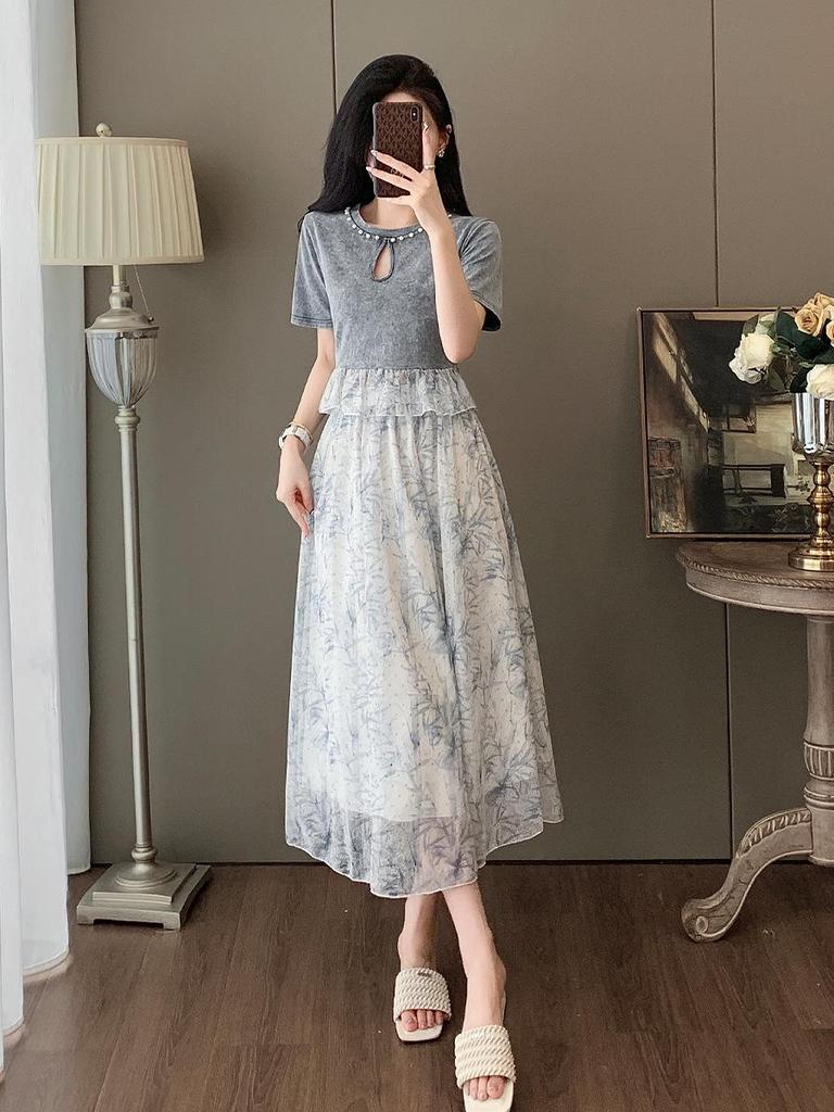 Women's Summer Slimming Midi Skirt Two-Piece Set with French Lace Stitching – Elegant and Stylish.