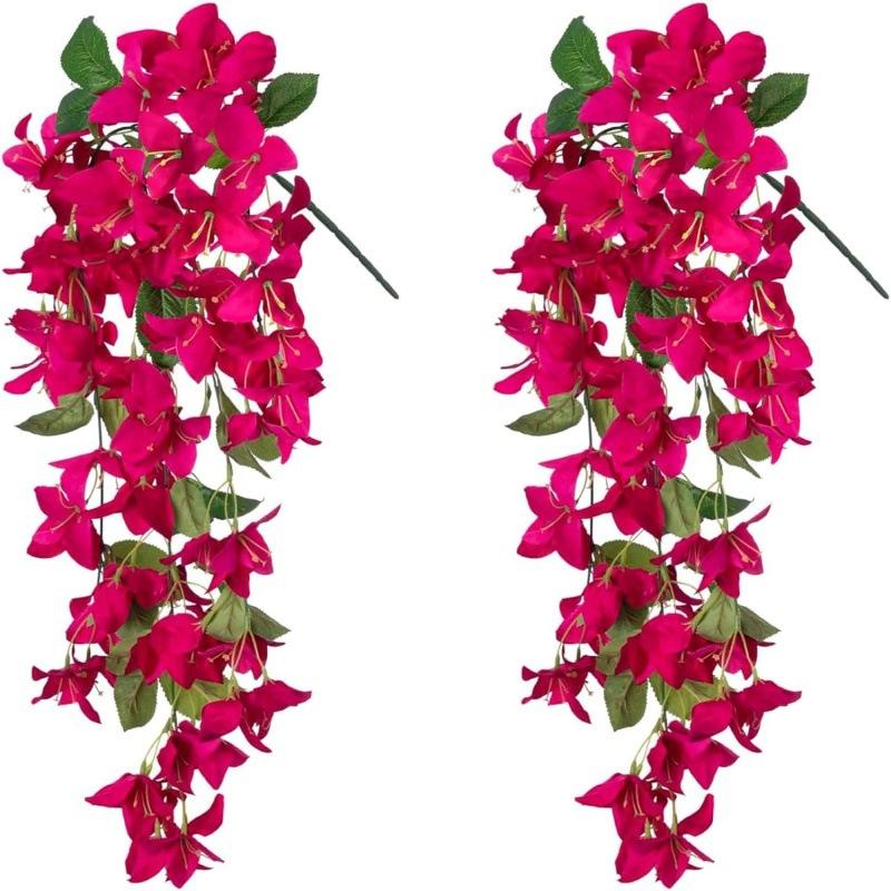 2PC Artificial Violet Flower for Wedding Party Courtyard Garden Orchid Fake Flower Leaf Vines Wall Hanging Plants Home Decoratio