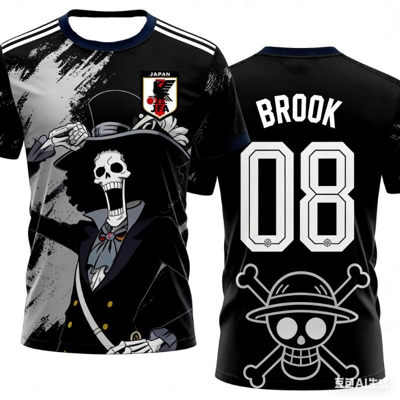 One Piece Graphic Soccer Jersey T-Shirt, Casual Fan Gift Top L