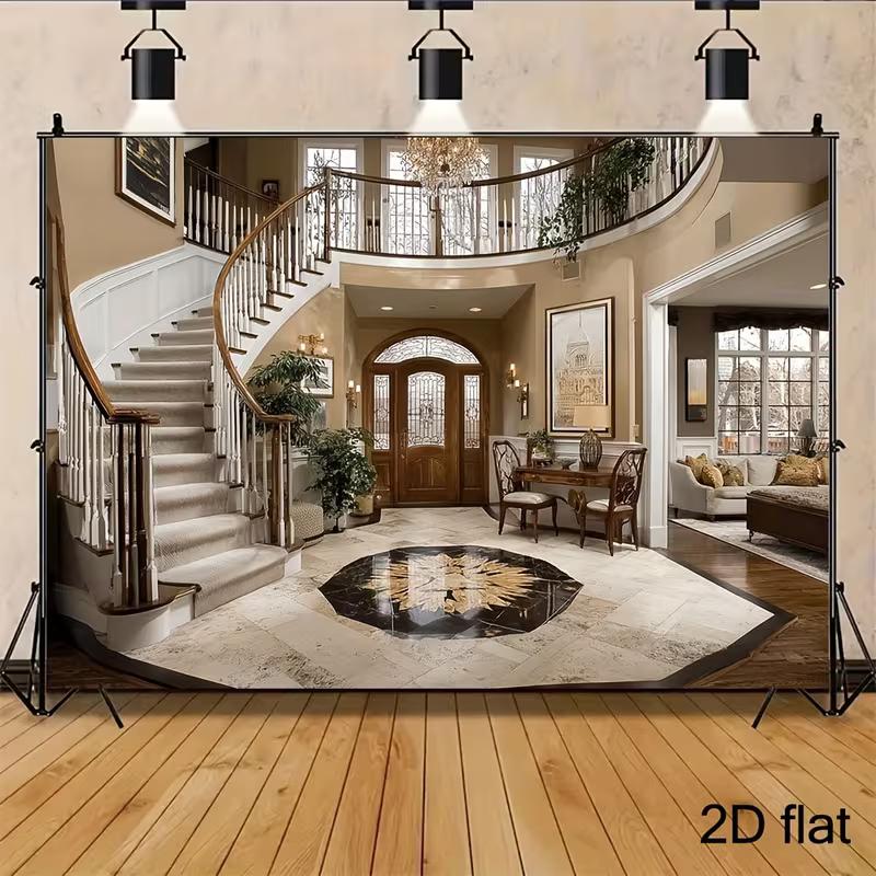 

2D Modern House Entrance Backdrop Classic Home Staircase Photo Booth Background 47.2x31.5inch/120*80cm